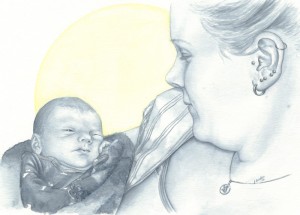 Mother and Max, April 2006 Max, 4 days, and his mother Cecilia, Photo reference Watercolour, 24*32cm 